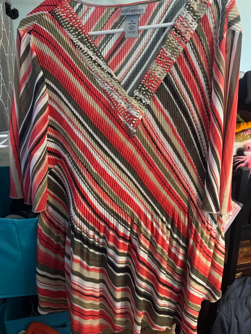 Catherines Coral, Olive and Black Striped V-Neck Tunic with Embellished Trim